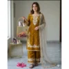 PID 66492 Women s Silk Embroidered 3 4th Sleeve Round Kurti With Palazzo and Dupatta Set Gold 1 1000x1000 1 Women's Silk Embroidered 3/4th Sleeve Round Kurti With Palazzo Pant and Dupatta Set (Gold)