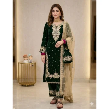Women's Silk Embroidered 3/4th Sleeve Round Kurti With Palazzo Pant and Dupatta Set (Dark Green)