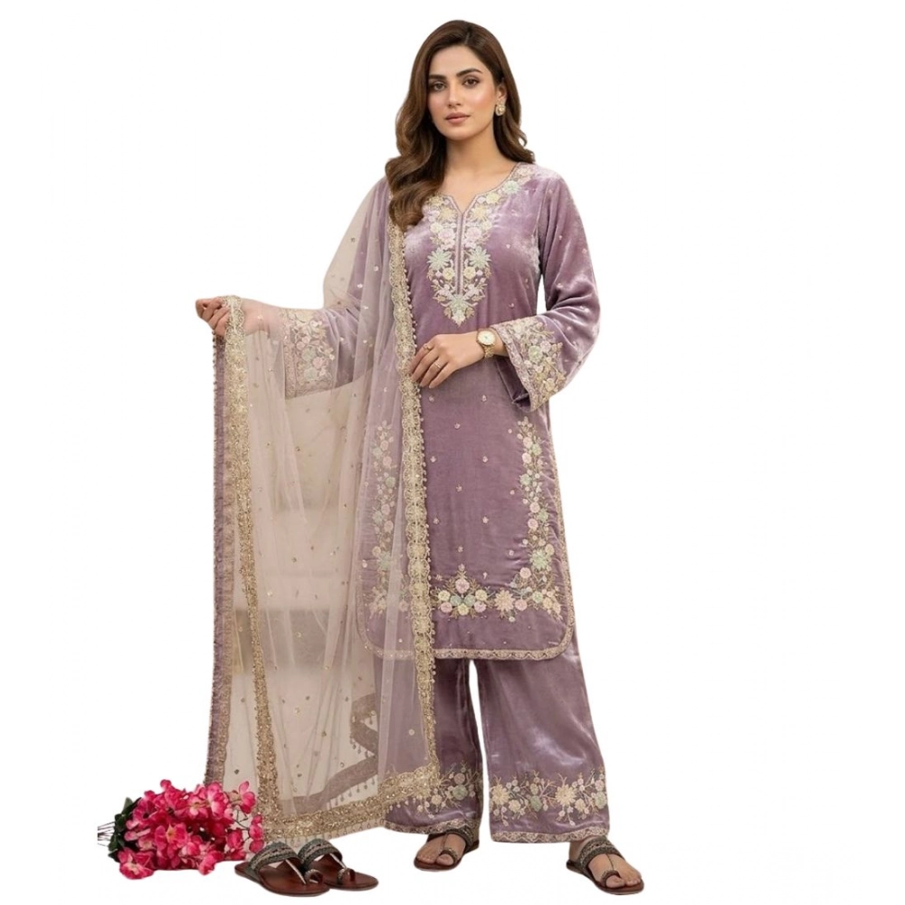 Women's Silk Embroidered 3/4th Sleeve Round Kurti With Palazzo Pant and Dupatta Set (Lavender) - Image 2