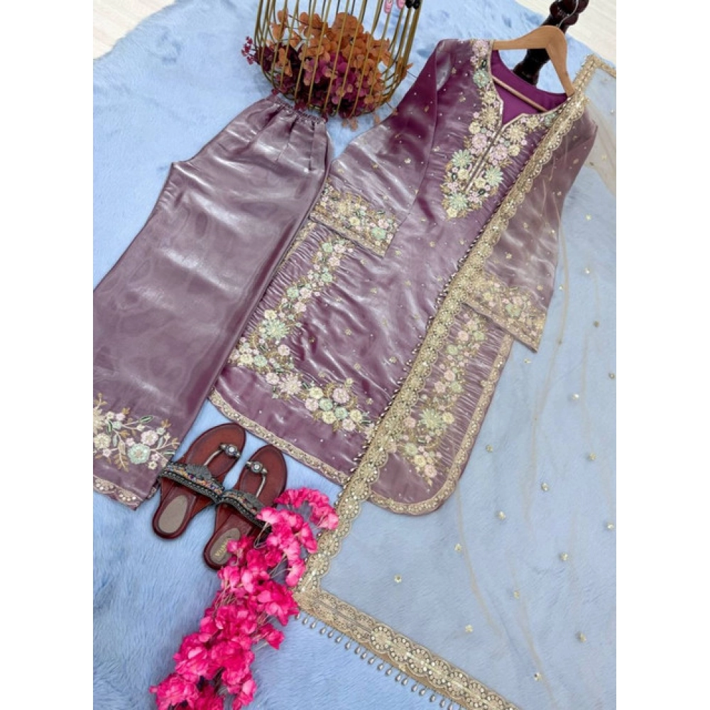 Women's Silk Embroidered 3/4th Sleeve Round Kurti With Palazzo Pant and Dupatta Set (Lavender) - Image 3