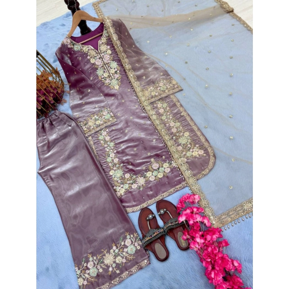 Women's Silk Embroidered 3/4th Sleeve Round Kurti With Palazzo Pant and Dupatta Set (Lavender) - Image 4