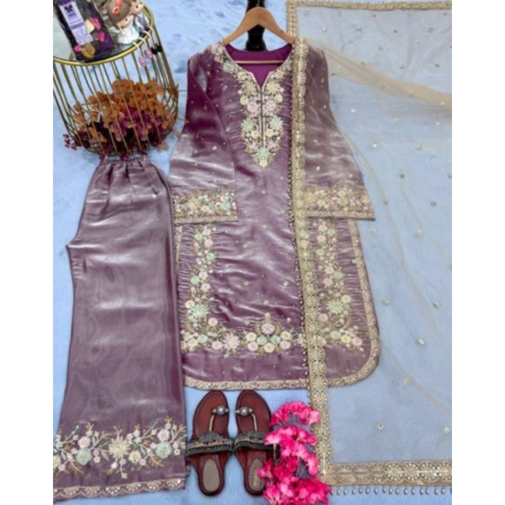 Women's Silk Embroidered 3/4th Sleeve Round Kurti With Palazzo Pant and Dupatta Set (Lavender) - Image 5