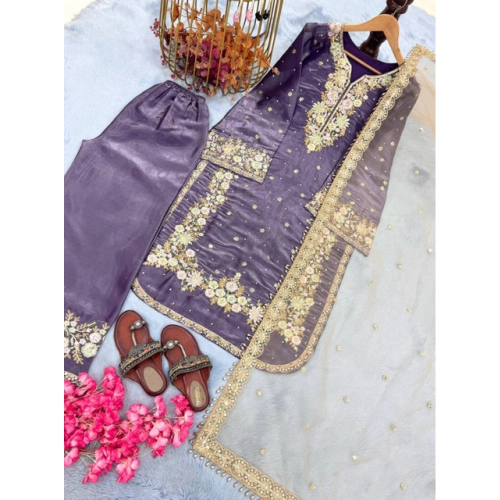 Women's Silk Embroidered 3/4th Sleeve Round Kurti With Palazzo Pant and Dupatta Set (Purple) - Image 3