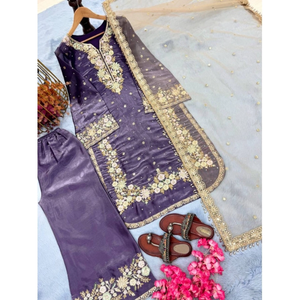 Women's Silk Embroidered 3/4th Sleeve Round Kurti With Palazzo Pant and Dupatta Set (Purple) - Image 4