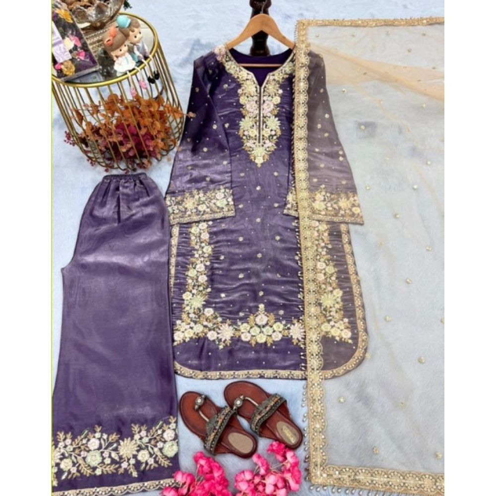 Women's Silk Embroidered 3/4th Sleeve Round Kurti With Palazzo Pant and Dupatta Set (Purple) - Image 5