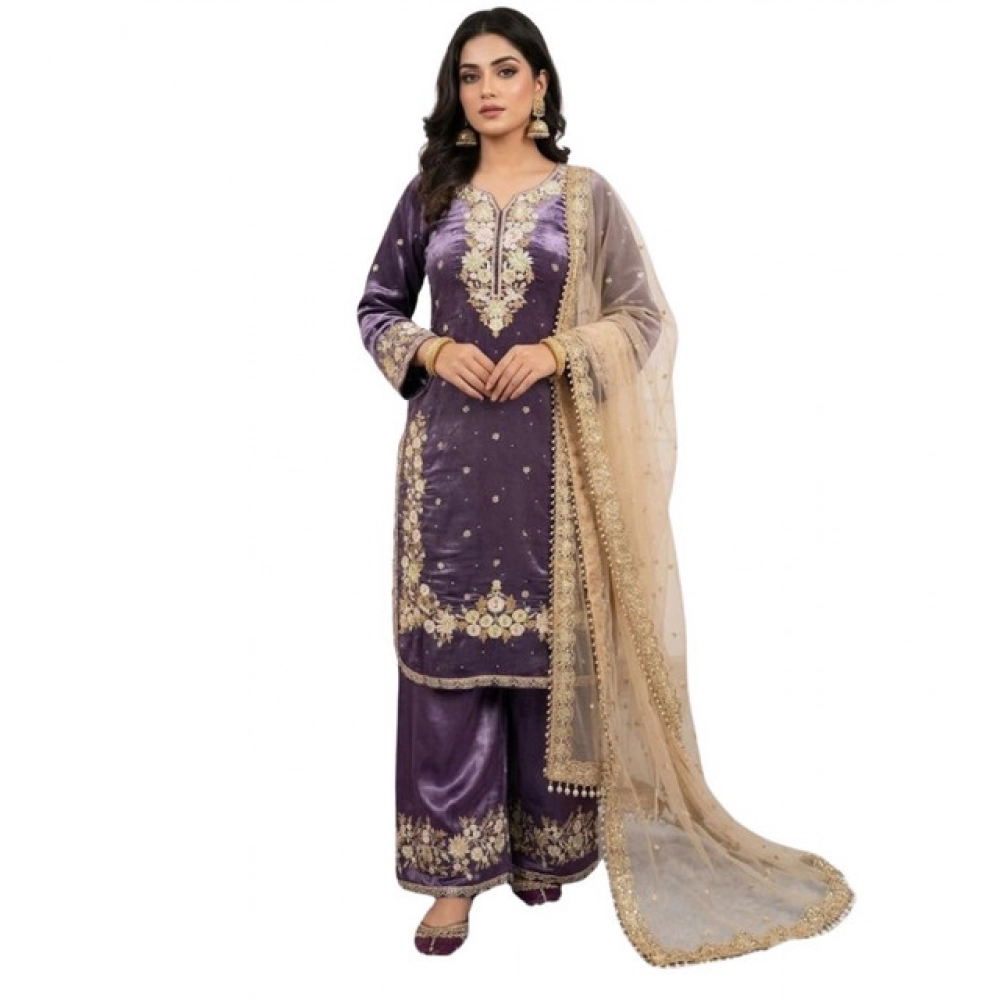 Women's Silk Embroidered 3/4th Sleeve Round Kurti With Palazzo Pant and Dupatta Set (Purple) - Image 2