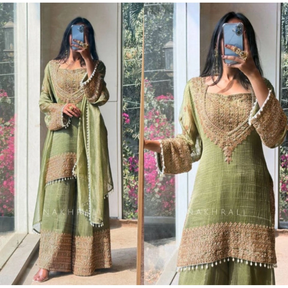 Women's Silk Embroidered 3/4th Sleeve Round Kurti With Sharara Pant and Dupatta Set (Green) - Image 3