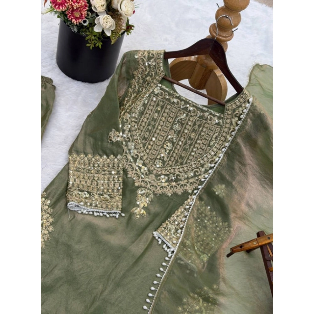 Women's Silk Embroidered 3/4th Sleeve Round Kurti With Sharara Pant and Dupatta Set (Green) - Image 4