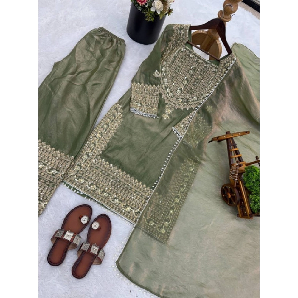 Women's Silk Embroidered 3/4th Sleeve Round Kurti With Sharara Pant and Dupatta Set (Green) - Image 5