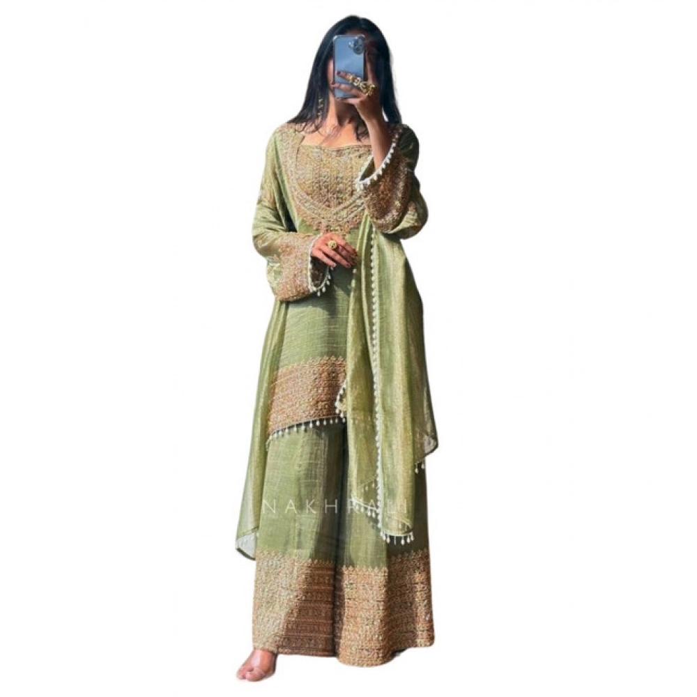 Women's Silk Embroidered 3/4th Sleeve Round Kurti With Sharara Pant and Dupatta Set (Green) - Image 2