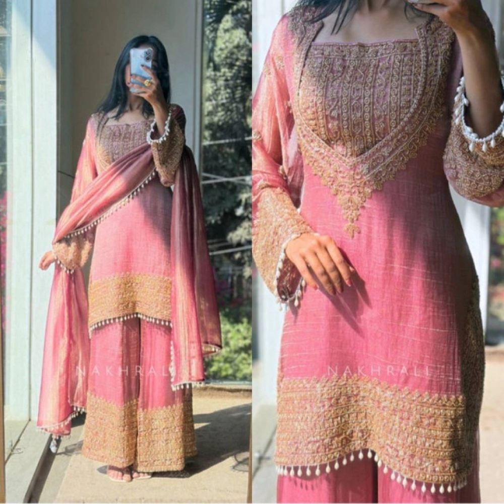 Women's Silk Embroidered 3/4th Sleeve Round Kurti With Sharara Pant and Dupatta Set (Pink) - Image 3