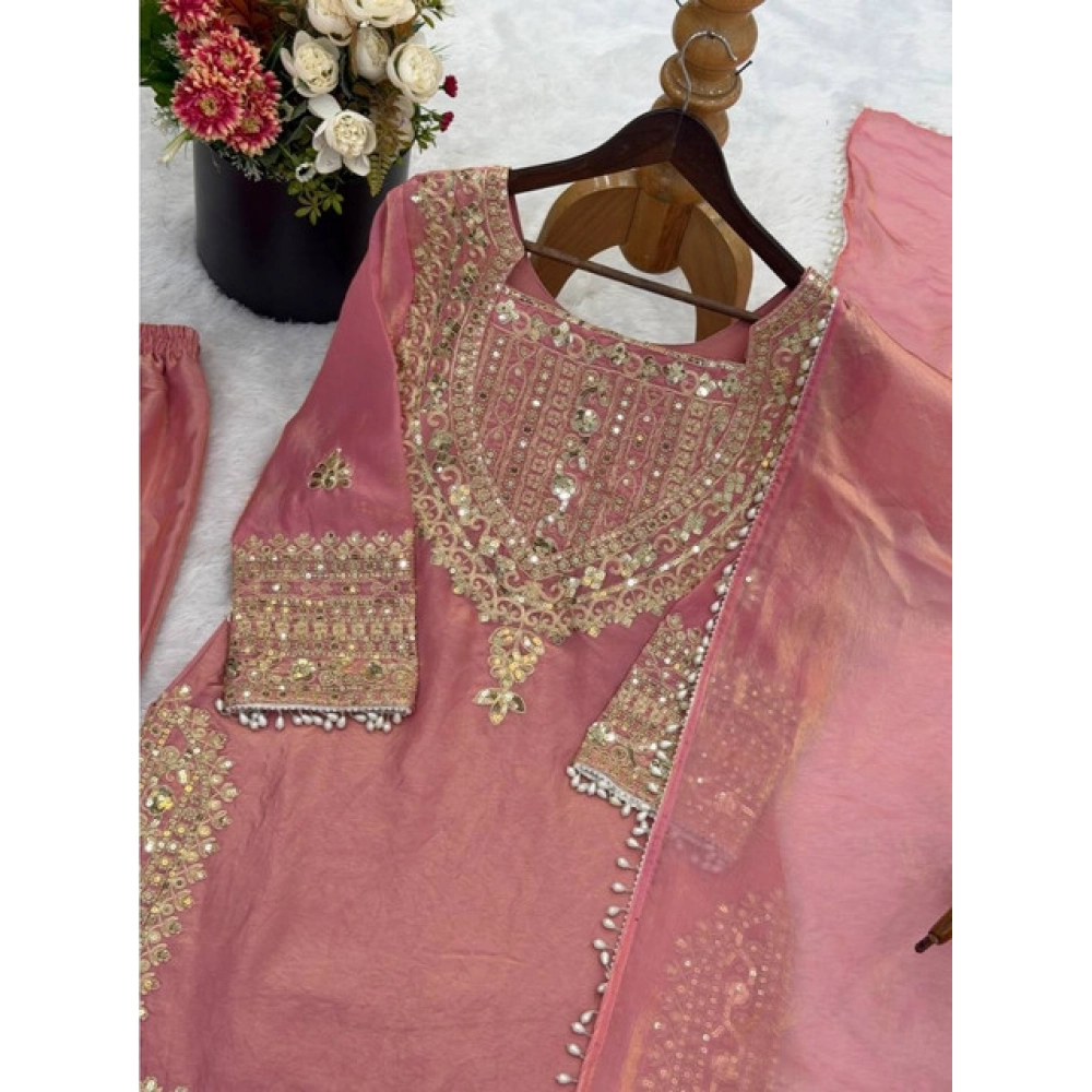 Women's Silk Embroidered 3/4th Sleeve Round Kurti With Sharara Pant and Dupatta Set (Pink) - Image 4