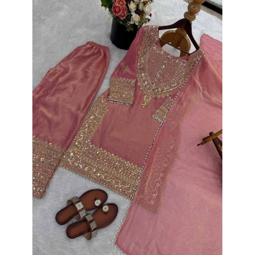 Women's Silk Embroidered 3/4th Sleeve Round Kurti With Sharara Pant and Dupatta Set (Pink) - Image 5