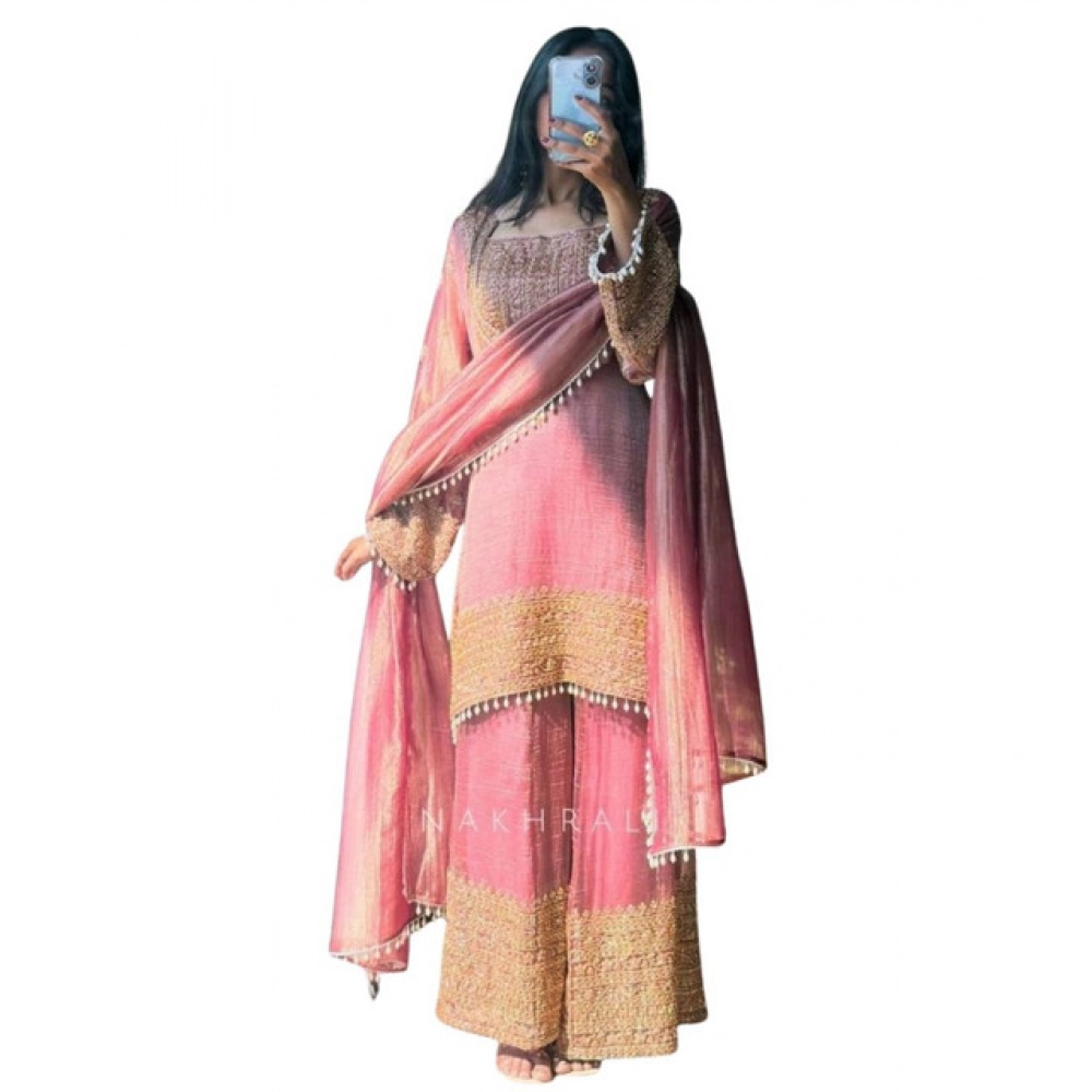Women's Silk Embroidered 3/4th Sleeve Round Kurti With Sharara Pant and Dupatta Set (Pink) - Image 2