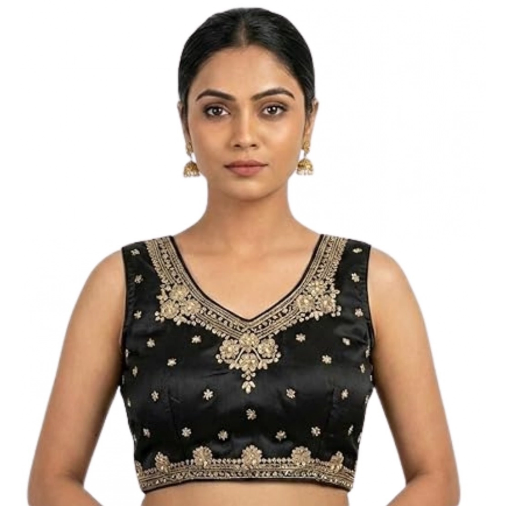 Women's Silk Embroidered V-Neck Sleeveless Readymade Padded Blouse (Black, Size 38) - Image 2