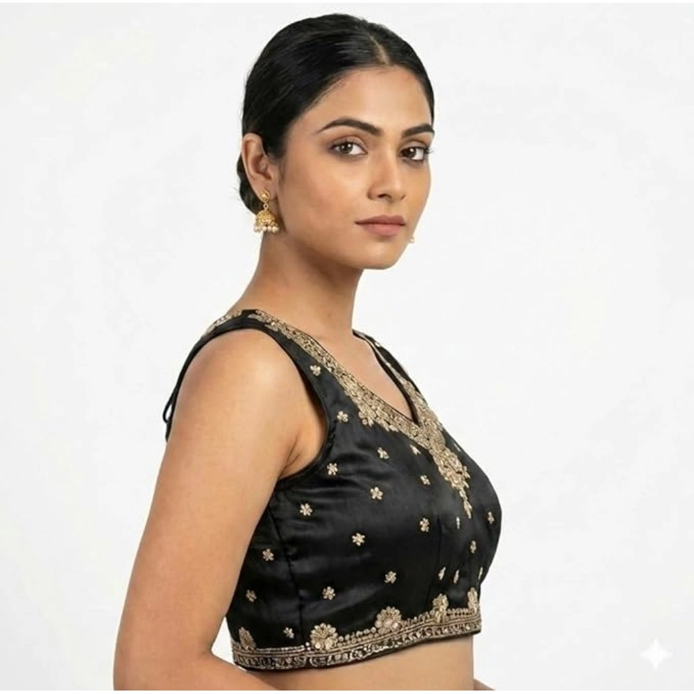 Women's Silk Embroidered V-Neck Sleeveless Readymade Padded Blouse (Black, Size 38) - Image 4
