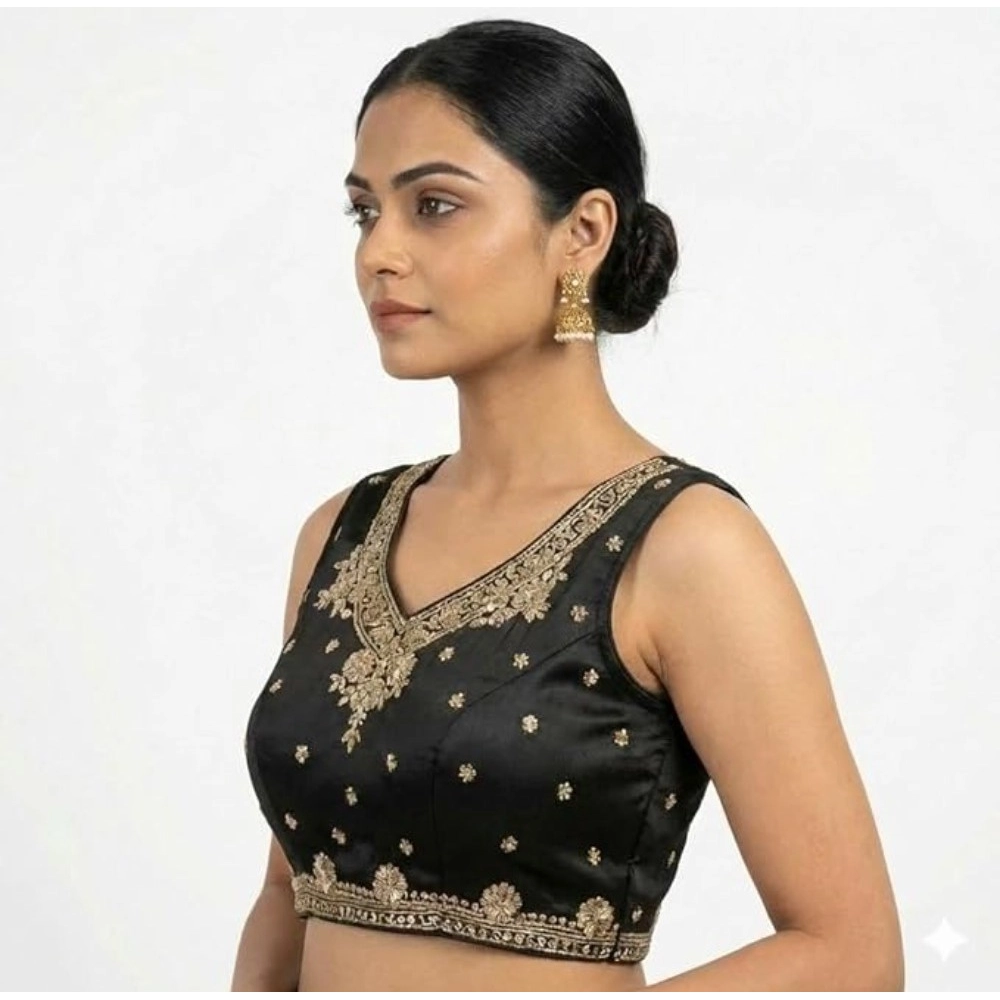 Women's Silk Embroidered V-Neck Sleeveless Readymade Padded Blouse (Black, Size 38) - Image 5