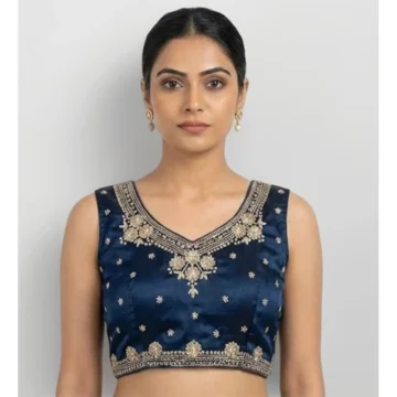 Women's Silk Embroidered V-Neck Sleeveless Readymade Padded Blouse (Blue, Size 38)