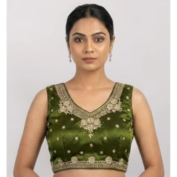 Women's Silk Embroidered V-Neck Sleeveless Readymade Padded Blouse (Mahendi, Size 38)