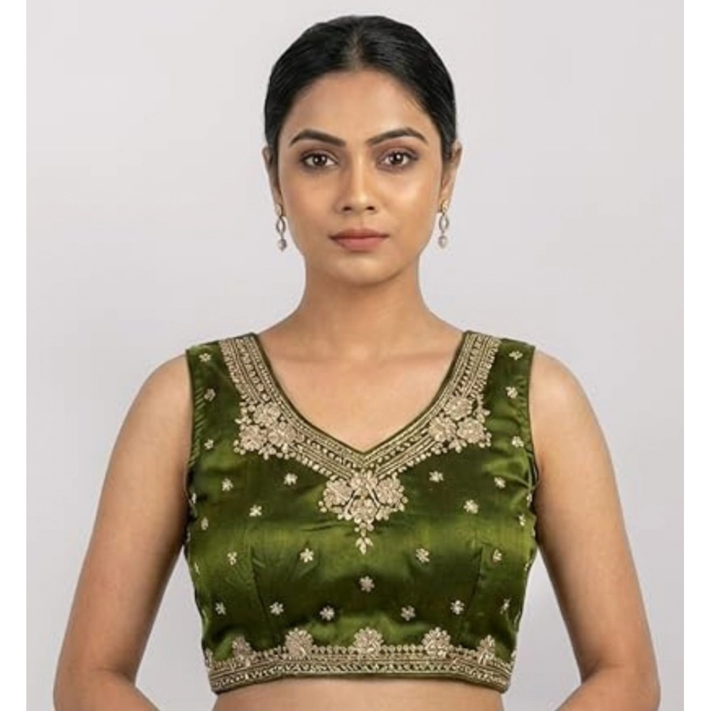 Women's Silk Embroidered V-Neck Sleeveless Readymade Padded Blouse (Mahendi, Size 38)