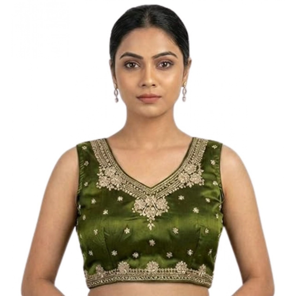 Women's Silk Embroidered V-Neck Sleeveless Readymade Padded Blouse (Mahendi, Size 38) - Image 2
