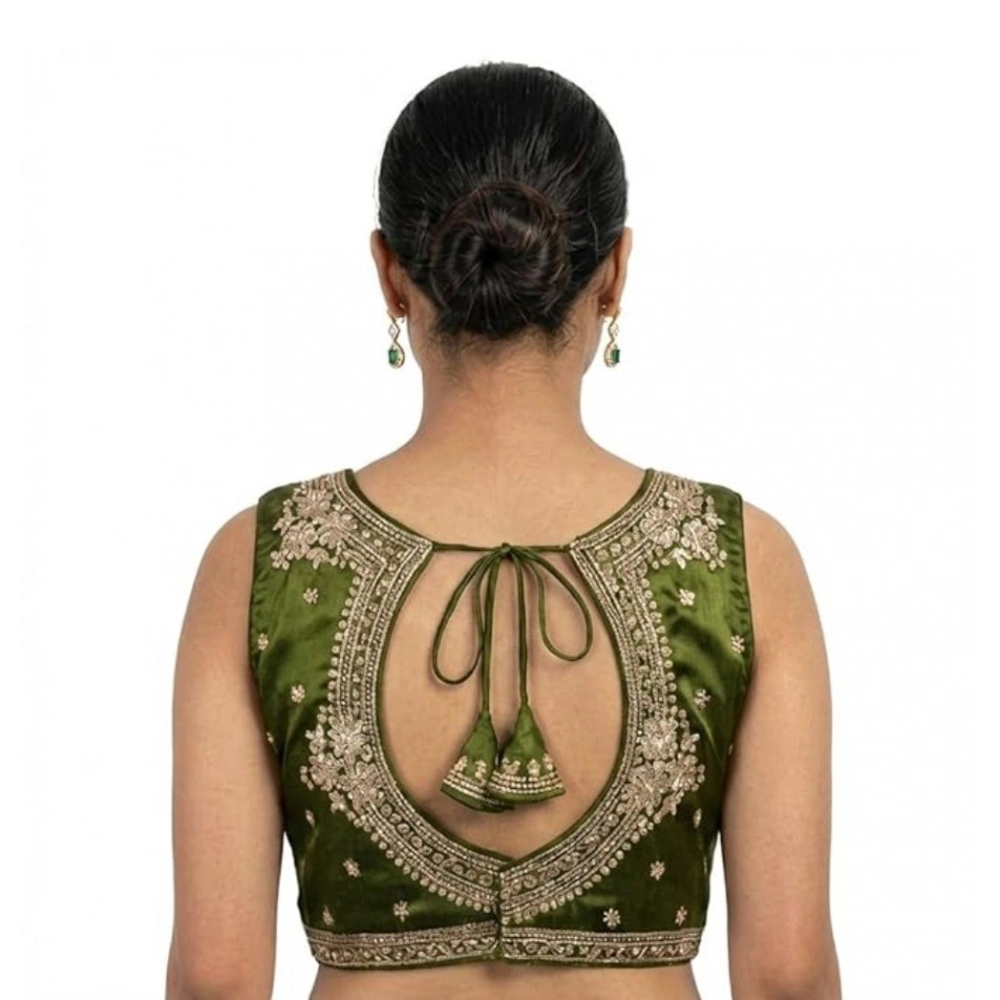 Women's Silk Embroidered V-Neck Sleeveless Readymade Padded Blouse (Mahendi, Size 38) - Image 3