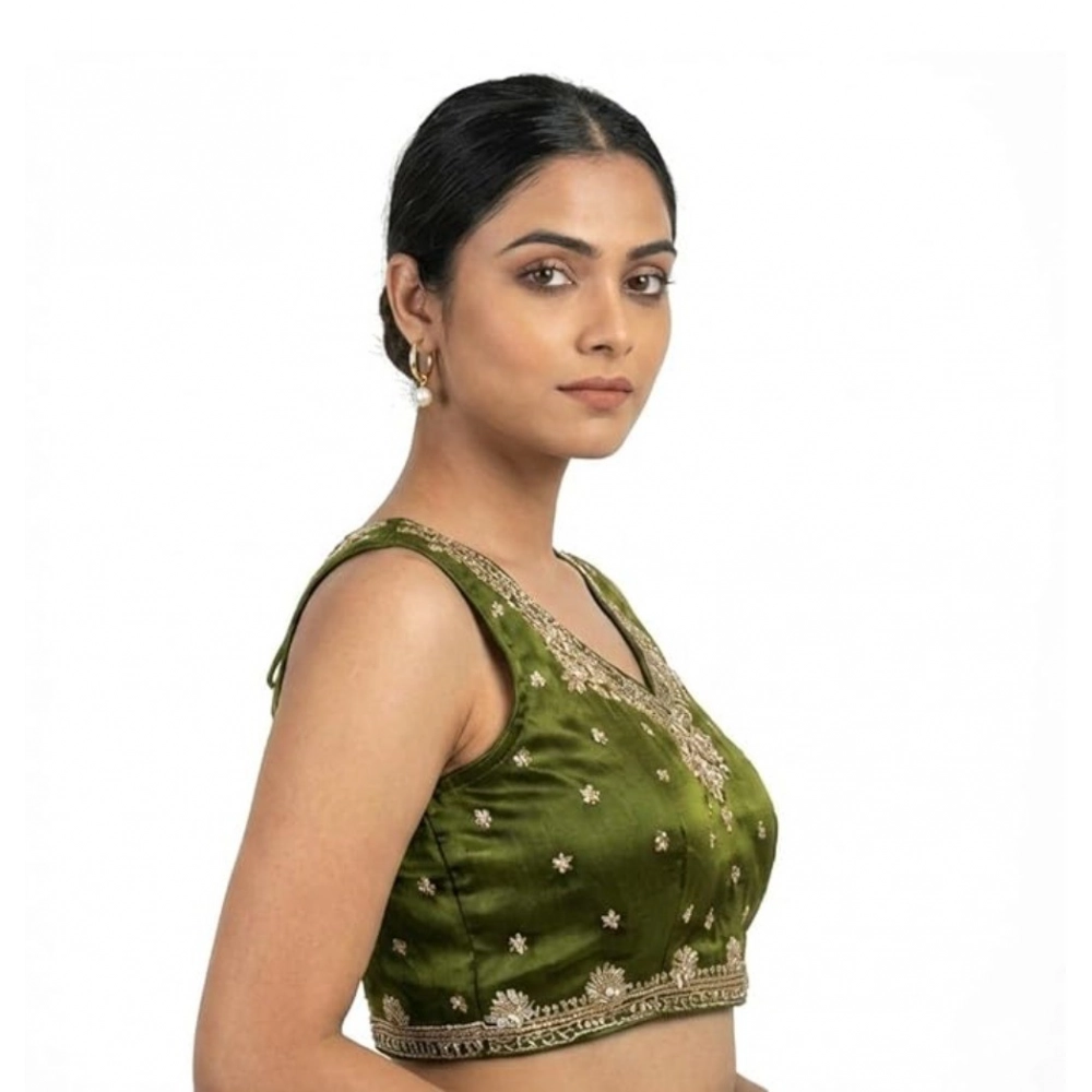 Women's Silk Embroidered V-Neck Sleeveless Readymade Padded Blouse (Mahendi, Size 38) - Image 4