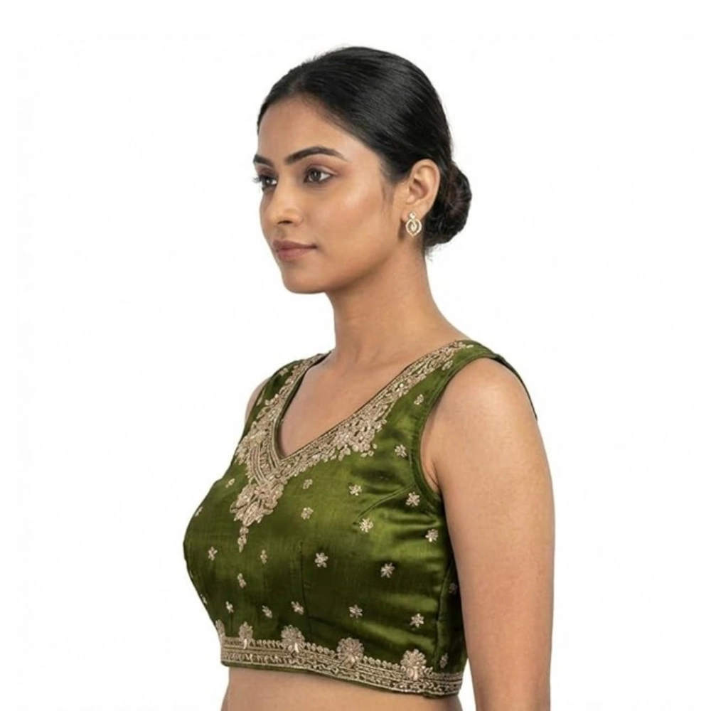 Women's Silk Embroidered V-Neck Sleeveless Readymade Padded Blouse (Mahendi, Size 38) - Image 5