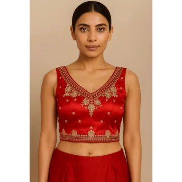 Women's Silk Embroidered V-Neck Sleeveless Readymade Padded Blouse (Red, Size 38)
