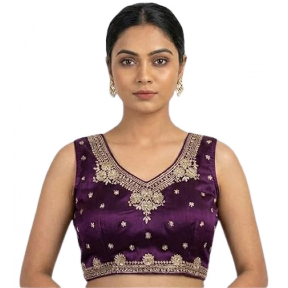 Women's Silk Embroidered V-Neck Sleeveless Readymade Padded Blouse (Wine, Size 38) - Image 2