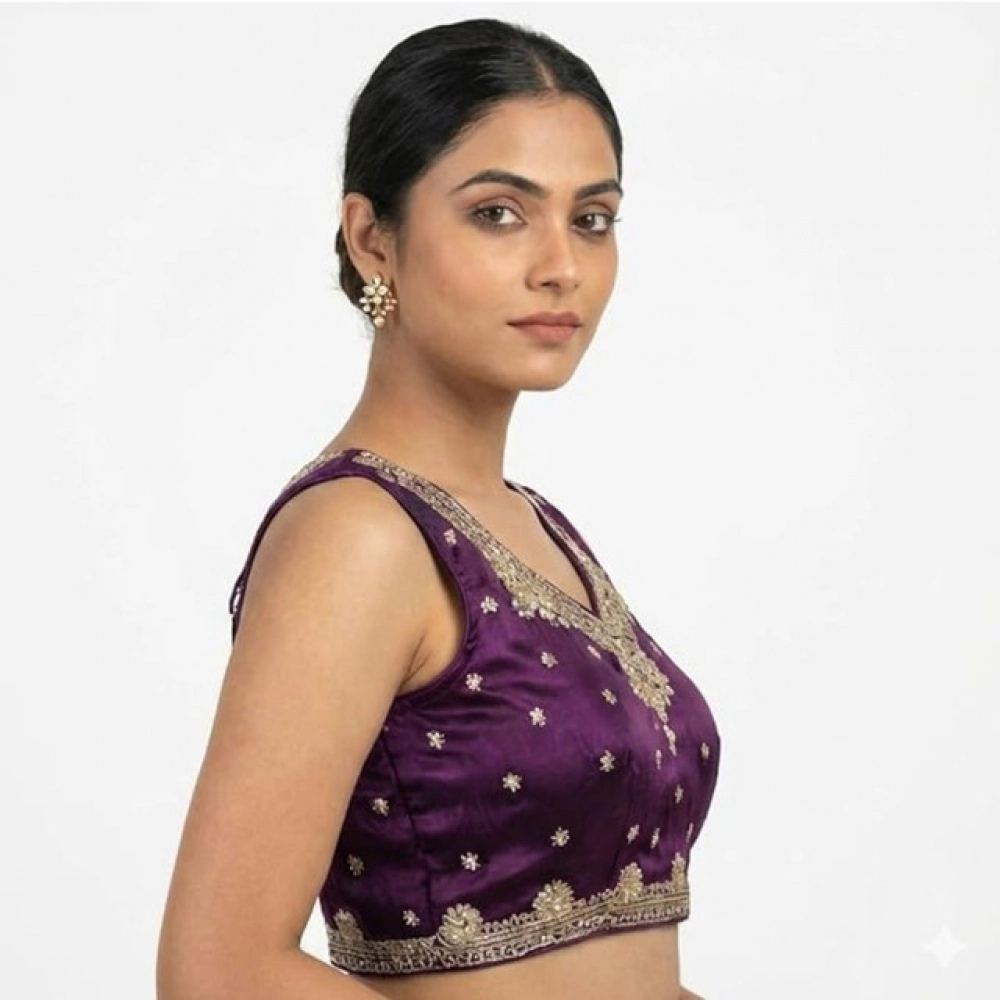 Women's Silk Embroidered V-Neck Sleeveless Readymade Padded Blouse (Wine, Size 38) - Image 4