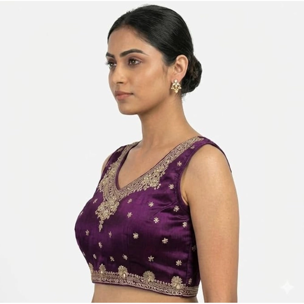 Women's Silk Embroidered V-Neck Sleeveless Readymade Padded Blouse (Wine, Size 38) - Image 5