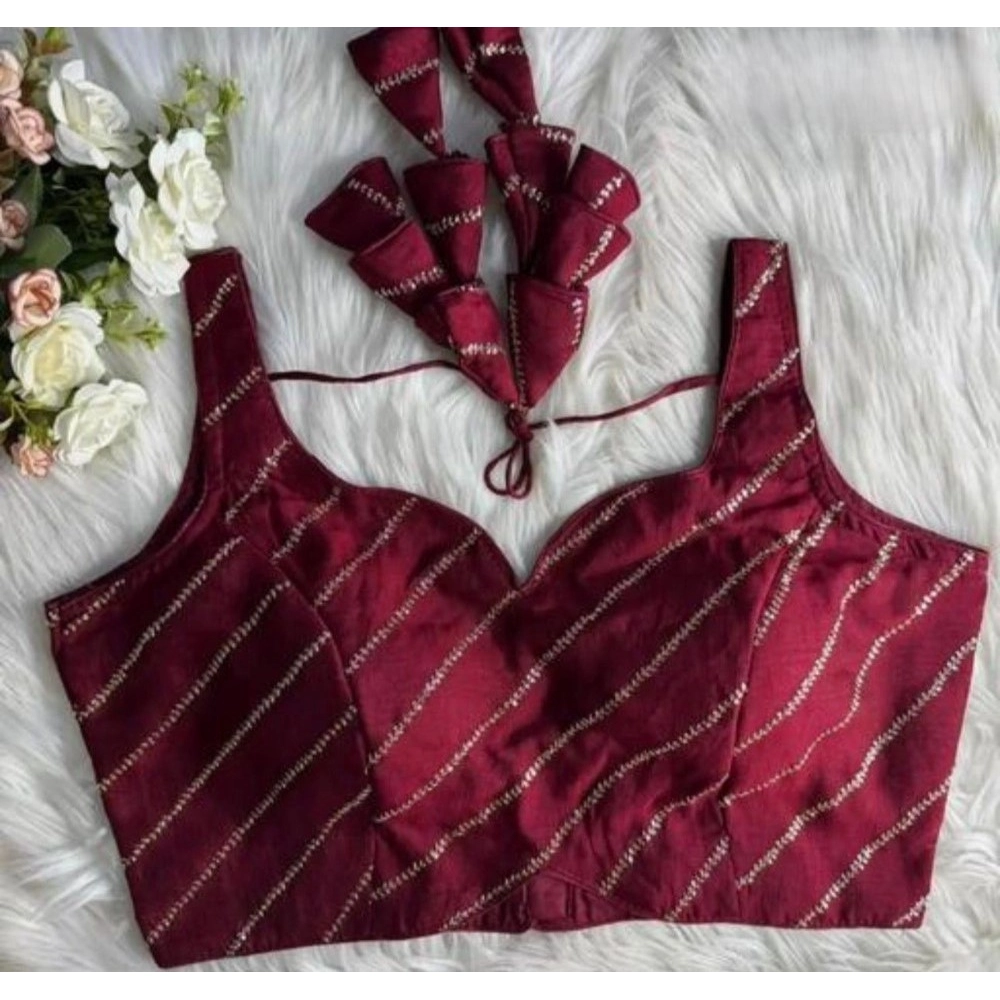 Women's Silk Embellished Sweetheart Neck Sleeveless Readymade Padded Blouse (Maroon, Size 38) - Image 3