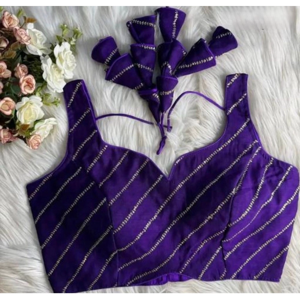 Women's Silk Embellished Sweetheart Neck Sleeveless Readymade Padded Blouse (Purple, Size 38) - Image 3