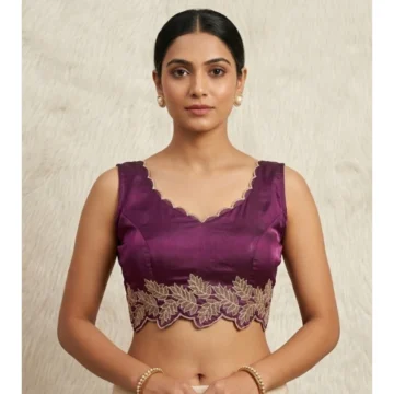 Women's Silk Embroidered Sweetheart Neck Sleeveless Readymade Padded Blouse (Wine, Size 38)