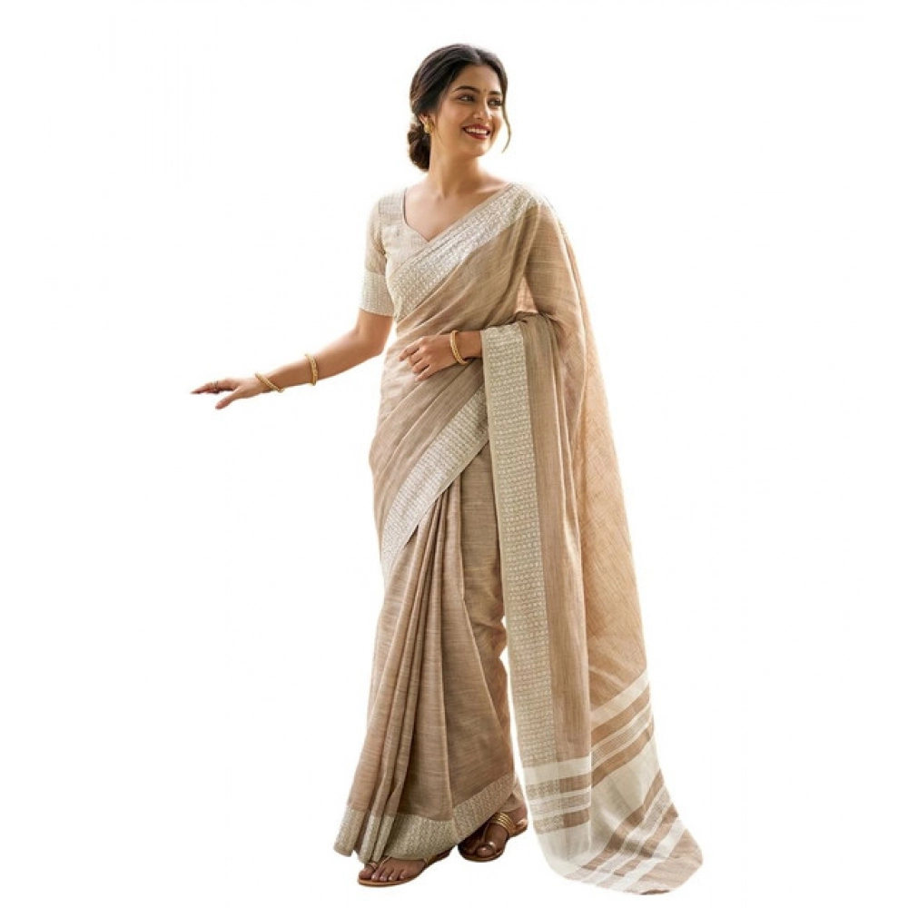 Women's Linen Striped Saree With Unstitched Blouse 5.5Mtr (Lite Brown) - Image 2
