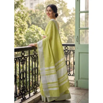 Women's Linen Striped Saree With Unstitched Blouse 5.5Mtr (Light Green)