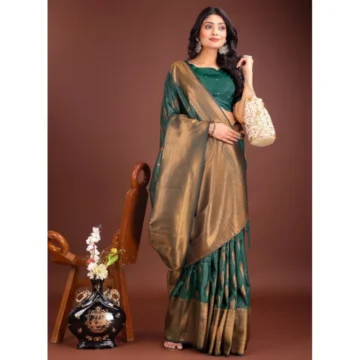 Women's Banarasi Silk Printed Saree With Unstitched Blouse 5.5Mtr (Green)