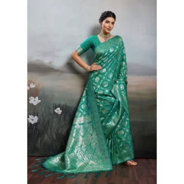 Women's Silk Blend Printed Saree With Unstitched Blouse 5.5Mtr (Rama Green)