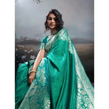 Women's Silk Blend Printed Saree With Unstitched Blouse 5.5Mtr (Teal Green)