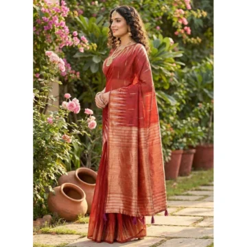 Women's Linen Cotton Printed Saree With Unstitched Blouse 5.5Mtr (Red)