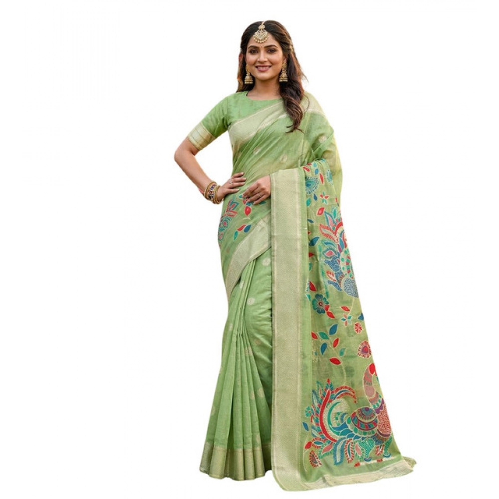 Women's Linen Cotton Floral Embroidered Saree With Unstitched Blouse 5.5Mtr (Light Green) - Image 2