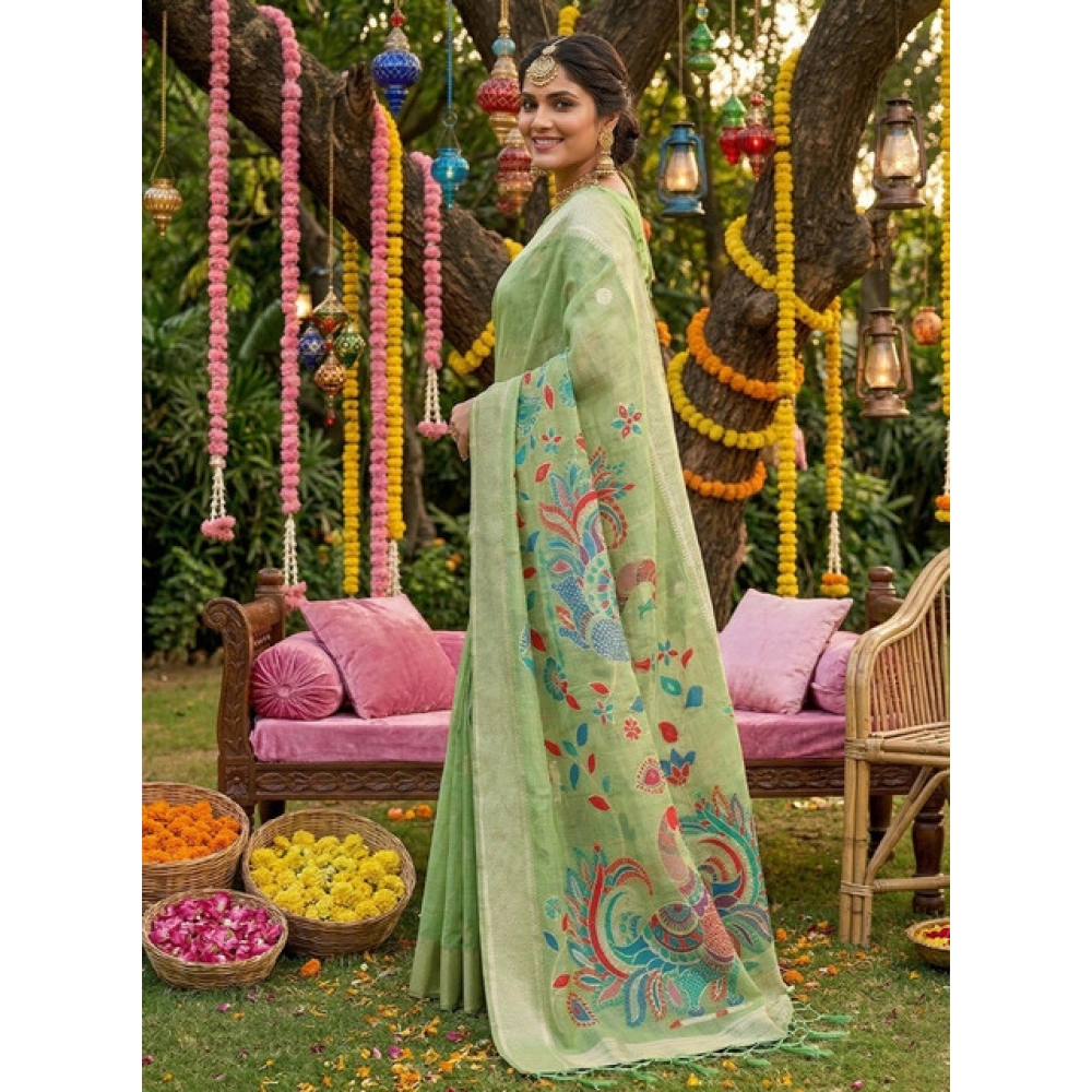Women's Linen Cotton Floral Embroidered Saree With Unstitched Blouse 5.5Mtr (Light Green) - Image 3