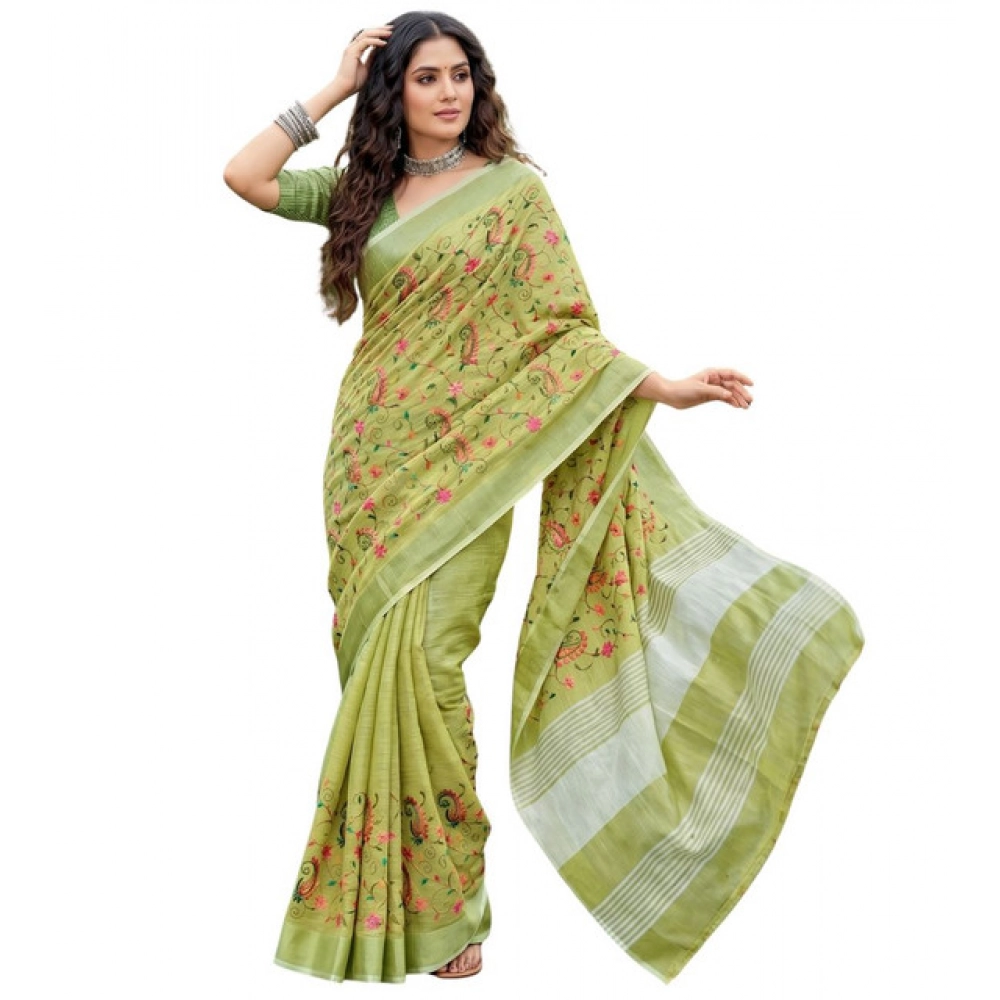 Women's Linen Floral Embroidered Saree With Unstitched Blouse 5.5Mtr (Light Green) - Image 2