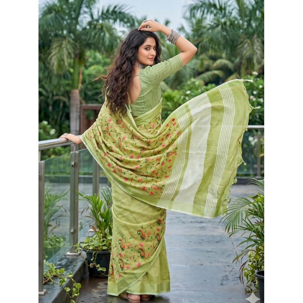 Women's Linen Floral Embroidered Saree With Unstitched Blouse 5.5Mtr (Light Green) - Image 3