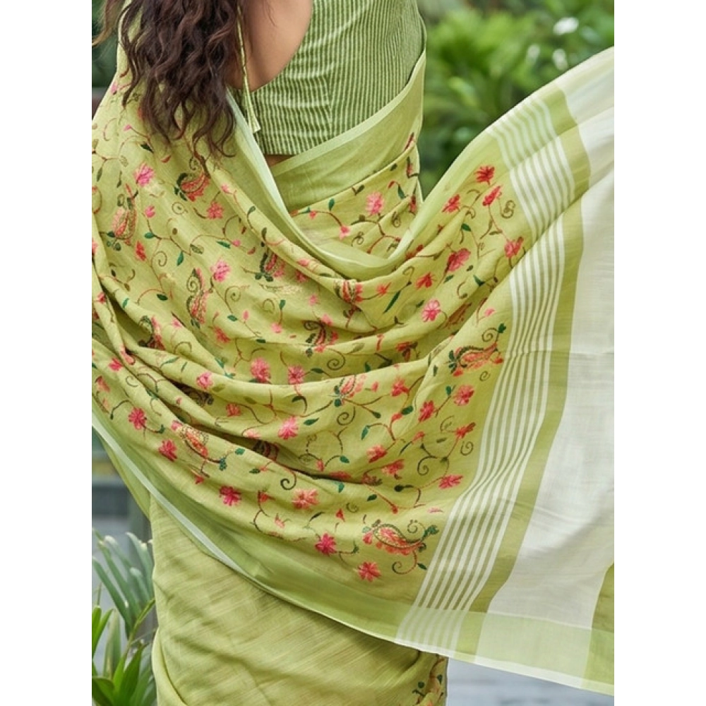 Women's Linen Floral Embroidered Saree With Unstitched Blouse 5.5Mtr (Light Green) - Image 4