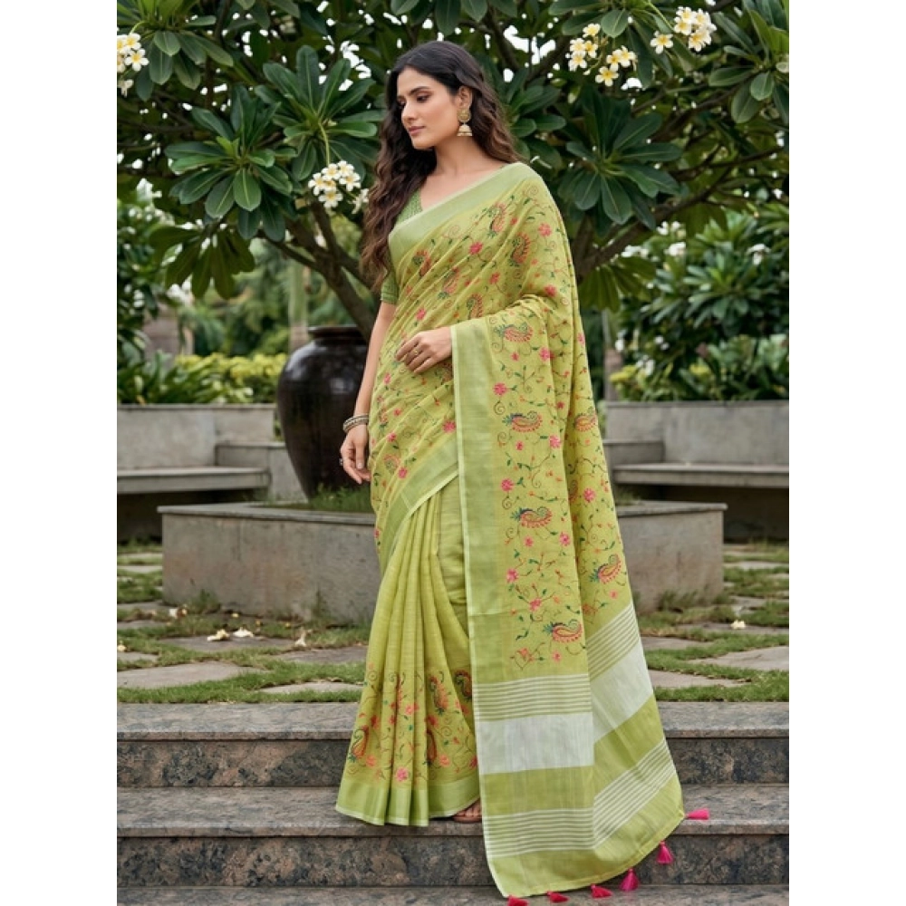 Women's Linen Floral Embroidered Saree With Unstitched Blouse 5.5Mtr (Light Green) - Image 5
