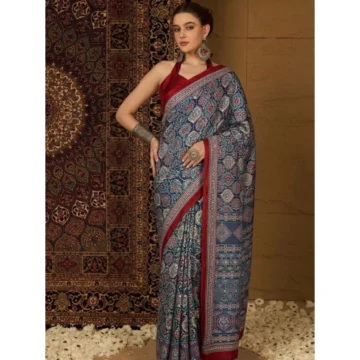 Women's Crepe Printed Saree With Unstitched Blouse 5.5Mtr (Navy Blue)