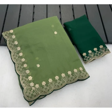 Women's Star Georgette Embroidered Saree With Unstitched Blouse 5.5Mtr (Green)
