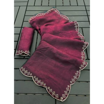 Women's Satin Embellished Saree With Unstitched Blouse 5.5Mtr (Burgundy)